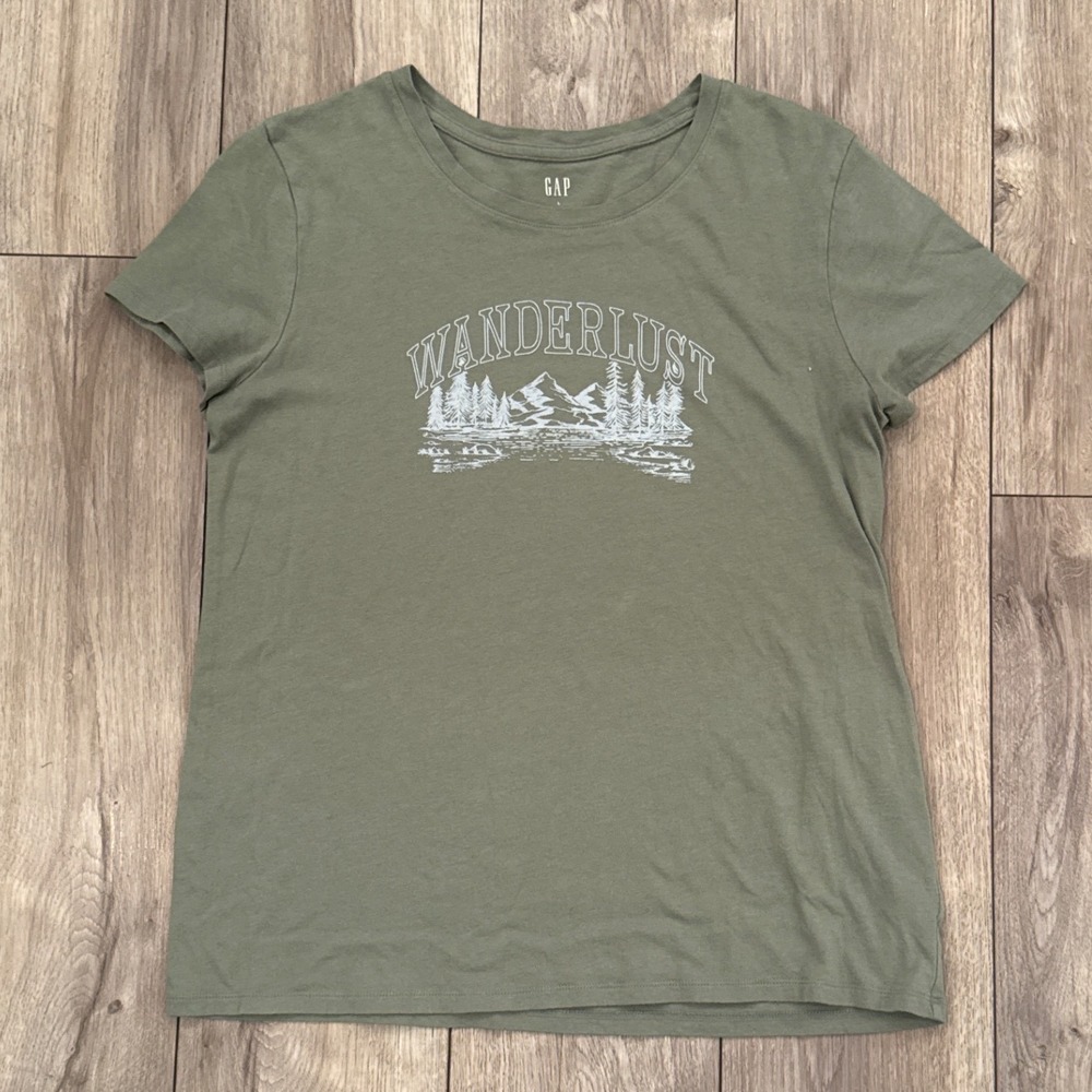 GAP Men Wanderlust Graphic T Shirt Olive Green‎ Short Sleeve Cotton Blend Size L
